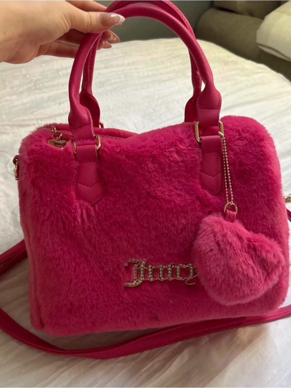 Juicy Couture Bright Pink Plush Satchel with Heart Charm